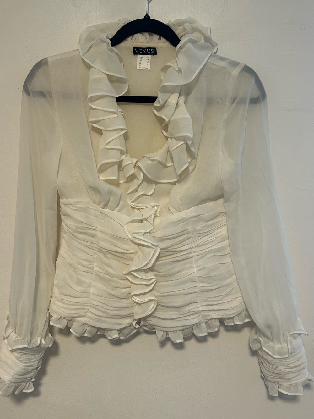VENUS Cream Ruffled Sheer Long-Sleeve Blouse